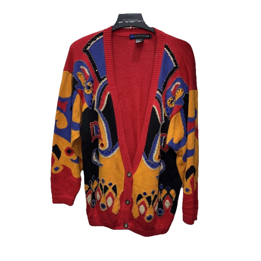IB Diffusion Cardigan Sweater Abstract Geometric Beaded L Vintage Red Buttons
